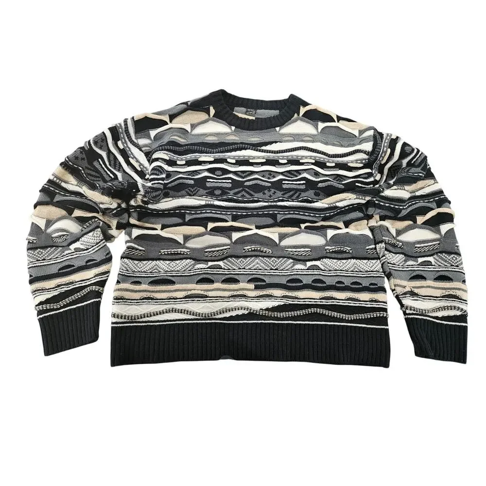 Coogi Style Sweater Mens XL Black Gray Cream 3D Textured Knit